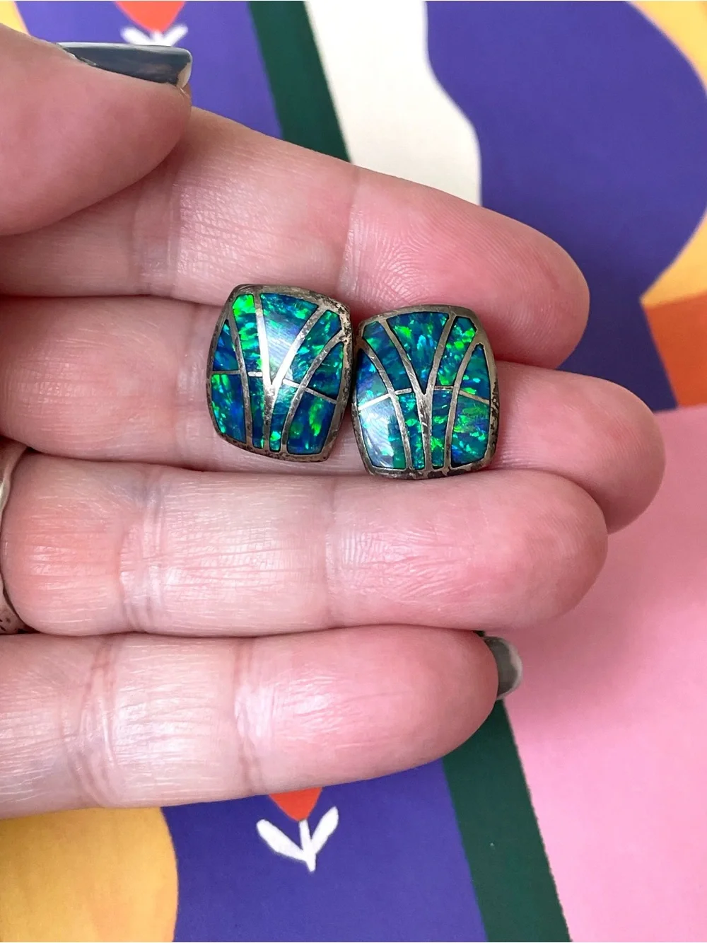 Vintage stamped sterling silver & blue green opal (?) inlay earrings